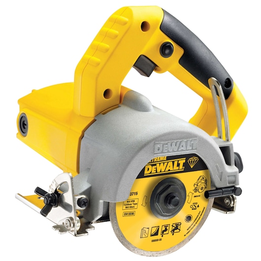 DEWALT DWC410 handheld tile saw with yellow handle and circular blade, used for cutting tiles and ceramics.