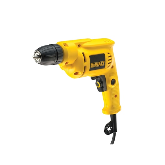 A yellow corded electric drill with a black chuck and the DEWALT logo on the side.