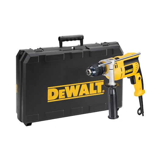 DEWALT yellow and black electric drill with a side handle, shown next to a branded carrying case.