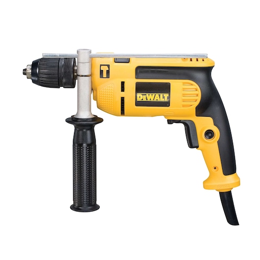 Yellow DEWALT corded drill with black handle and side grip, shown against a white background.