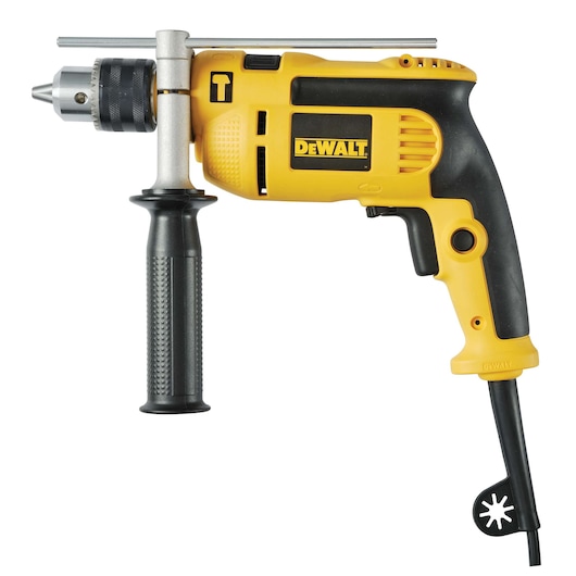 DEWALT yellow corded drill with side handle and depth rod, suitable for professional or DIY use.