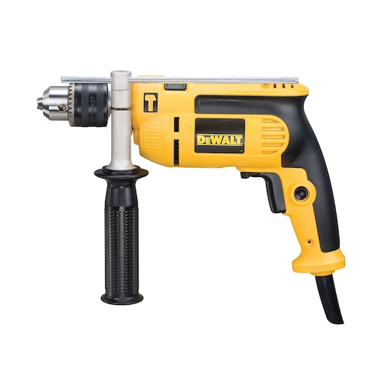 DEWALT DWD024K yellow and black electric drill with side handle, shown on a white background.
