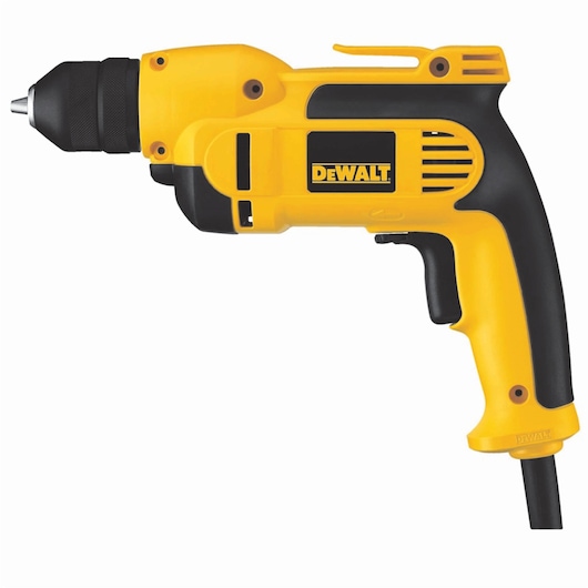 A yellow and black DEWALT corded electric drill with a pistol grip and keyless chuck, model DWD112S, shown in profile on a white background.