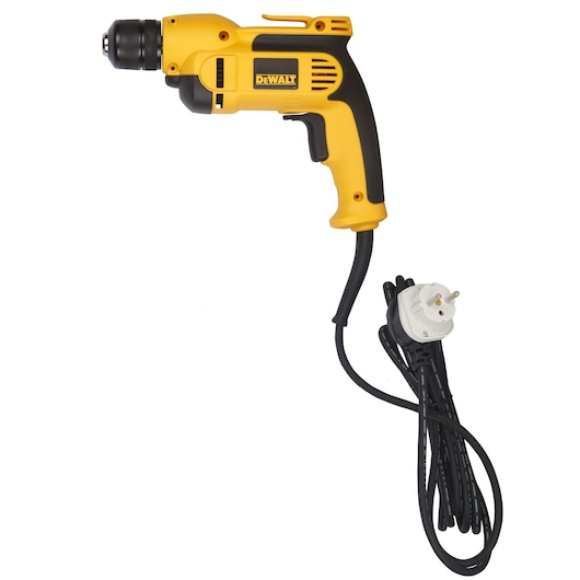 Yellow DEWALT corded electric drill with European power plug and black cable, shown on white background.