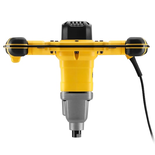 DEWALT DWD241 yellow electric mixer drill with dual handles and cord, shown from the front on a white background.