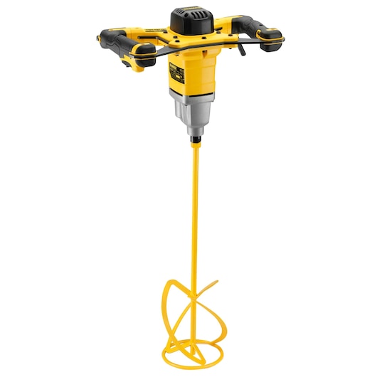DEWALT DWD241 electric mixer with dual handles and long spiral mixing paddle, shown on a white background.