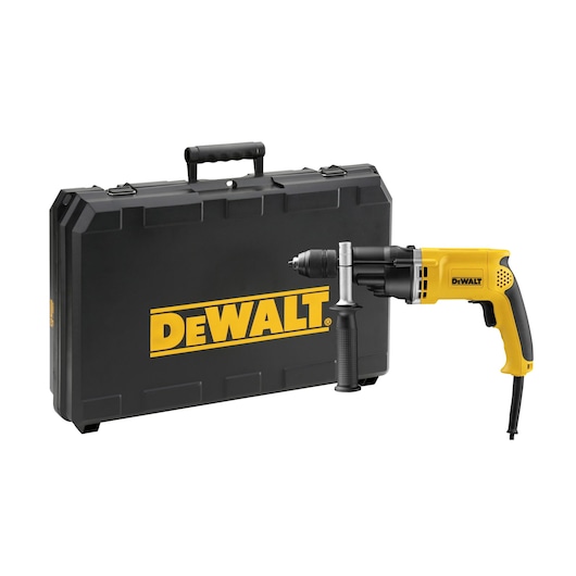 DEWALT corded drill with side handle and black carrying case with yellow logo.