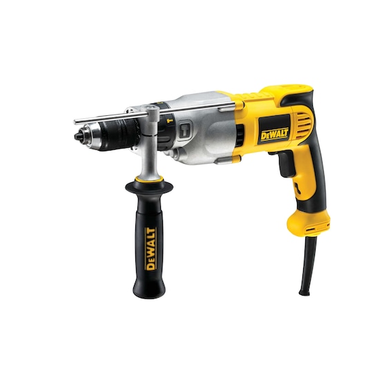 DEWALT yellow and black corded drill with side handle and metal chuck, shown on a white background.