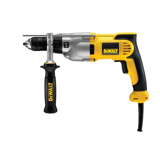 DEWALT corded yellow and black hammer drill with side handle, shown on white background.