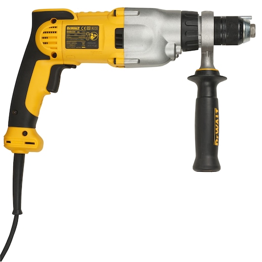 DEWALT corded yellow and black drill with side handle, model DWD524KS, shown on a white background.