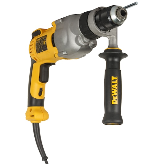 Yellow and black DEWALT corded drill with side handle, shown on a white background.