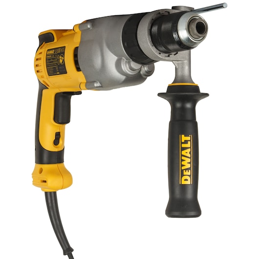 DEWALT corded yellow hammer drill with side handle and chuck key.