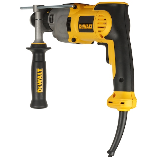 Yellow and black DEWALT corded drill with side handle, shown against a white background.