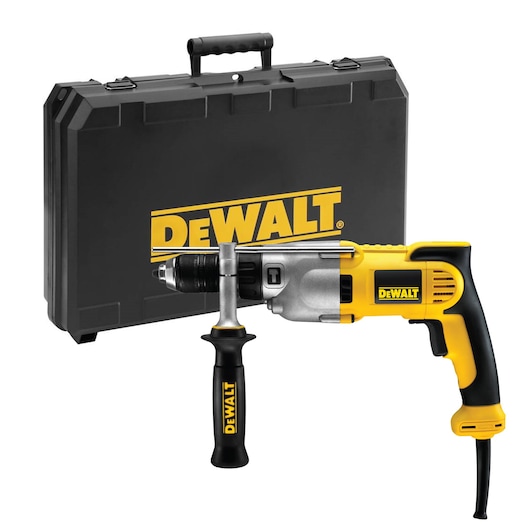 A yellow and black DEWALT electric drill with a side handle, shown next to a black hard carrying case with the DEWALT logo.