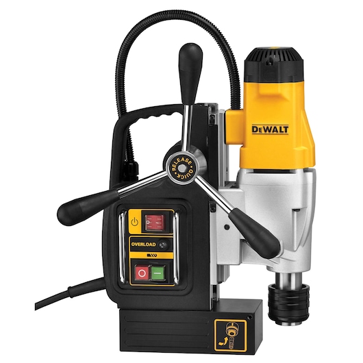 DEWALT DWE1622K magnetic drill press featuring a yellow and black design, control switches, and three handles for operation. The machine is used for precise drilling in metalworking.