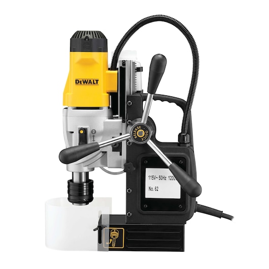 A DEWALT DWE1622K magnetic drill press with a yellow and black motor, control handles, and power cord. The unit is designed for drilling into metal surfaces and includes a magnetic base for secure positioning.