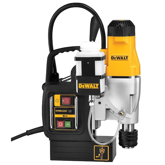 DEWALT magnetic drill press with yellow and black body, control panel, and attached coolant reservoir, model DWE1622K.