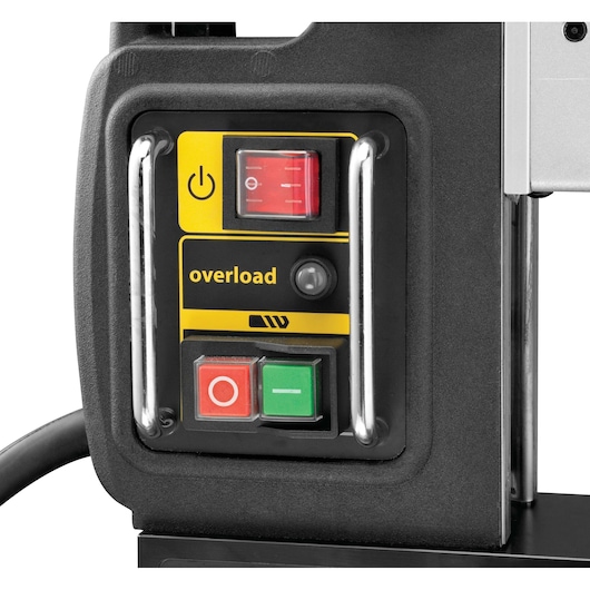 Close-up of DEWALT DWE1622K control panel with power, overload indicator, and red-green buttons.