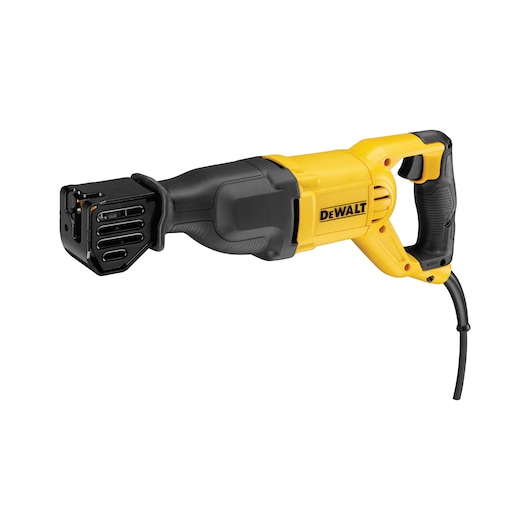 A DEWALT branded yellow and black corded reciprocating saw, model DWE305PK, shown on a white background.