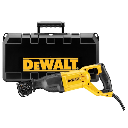 DEWALT reciprocating saw with black and yellow hard case shown on a white background.