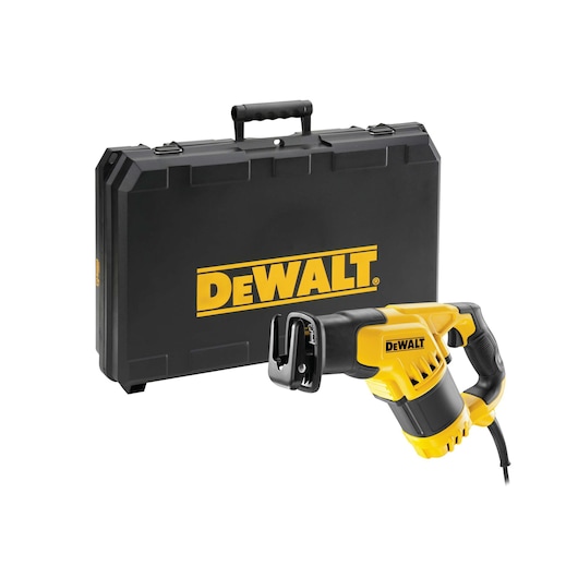 A DEWALT electric reciprocating saw with a yellow and black body is shown in front of a large black DEWALT carrying case.