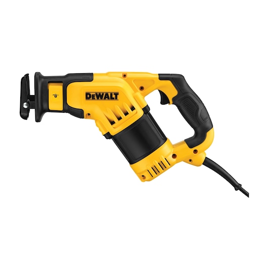 A yellow and black DEWALT electric reciprocating saw with a visible power cord, designed for cutting various materials.