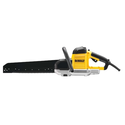 A DEWALT electric alligator saw with a long black blade and yellow and black body, equipped with a front handle for safe two-handed operation.