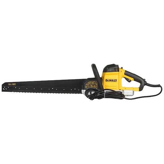 DEWALT DWE397-QS electric saw with long black blade and yellow handle shown against white background.