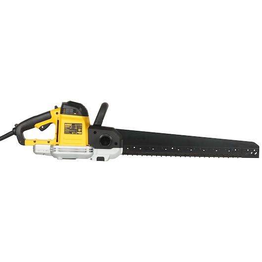 Electric DEWALT masonry saw with long black blade, yellow handle, and side grip for cutting bricks or blocks.