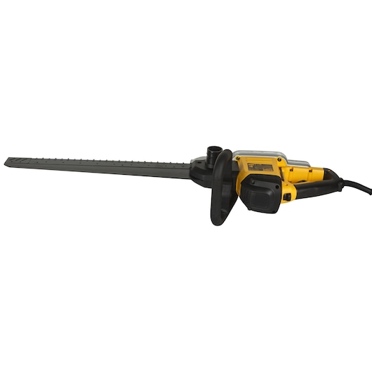 Electric yellow Dewalt saw with long dual blade, used for cutting construction materials.
