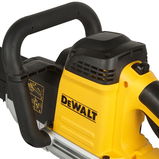 Close-up of a yellow DEWALT power tool with black handle and ventilation on the body.