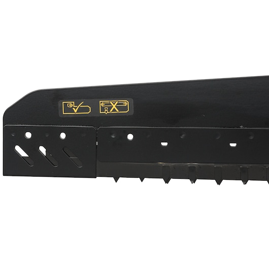 Close-up of DEWALT saw blade with yellow guide icons for correct and incorrect usage on black metal.