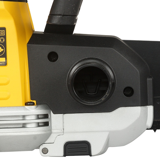 Close-up of a DEWALT power tool, showing its yellow and black casing and a circular opening.