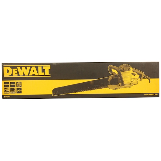 DEWALT DWE397 reciprocating saw packaging, yellow and black box with tool image and specifications.
