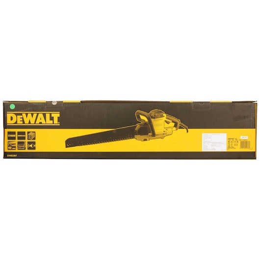 DEWALT DWE397 electric saw in yellow and black packaging, product information and saw image on box.