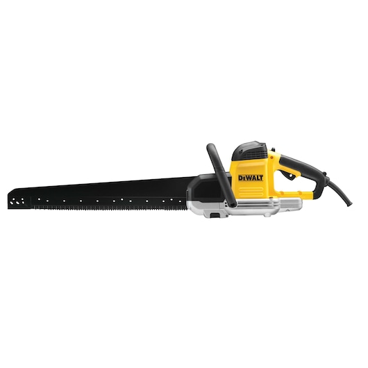 DEWALT electric saw with long black blade and yellow handle, suitable for cutting plasterboard and similar materials.