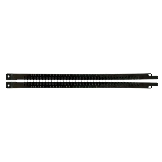 Pair of long black saw blades with serrated edges designed for cutting construction materials.