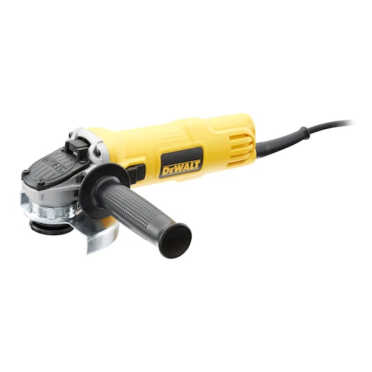 A yellow and black DEWALT electric angle grinder with a side handle, shown on a white background.