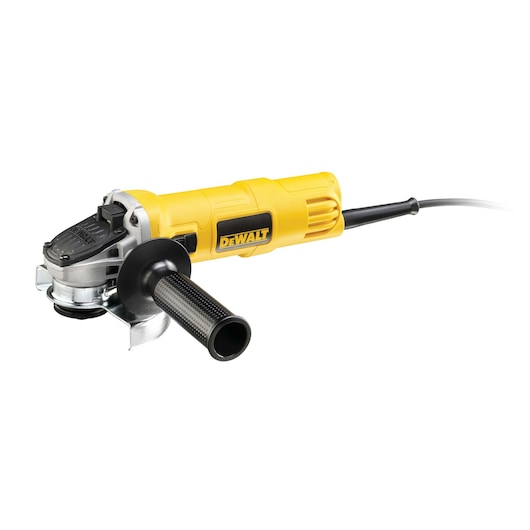 Yellow DEWALT angle grinder with side handle and cord, shown against a white background.