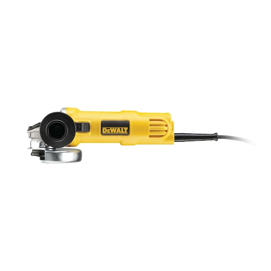 Yellow DEWALT angle grinder with a black cord, shown on a white background.