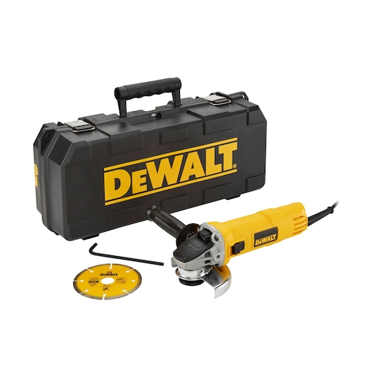 A DEWALT angle grinder kit, including a yellow and black angle grinder, a hard plastic carrying case with DEWALT branding, a grinding disc, and a hex key, all displayed on a white background.