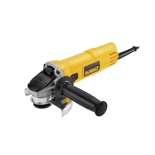 A yellow and black DEWALT angle grinder with a side handle and power cord, shown on a white background.