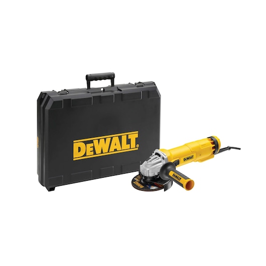 DEWALT yellow angle grinder with black hard case, both featuring DEWALT branding, shown on white background.