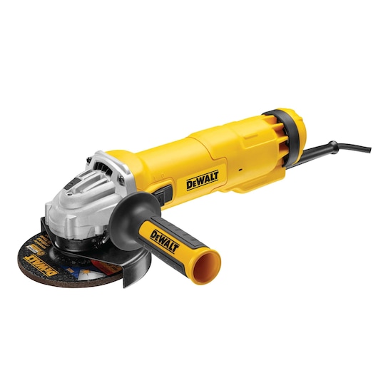 DEWALT yellow and black angle grinder with side handle and cutting disc, shown on a white background.