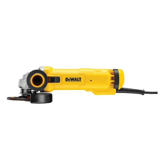 Yellow DEWALT angle grinder with power cord, side view against white background.