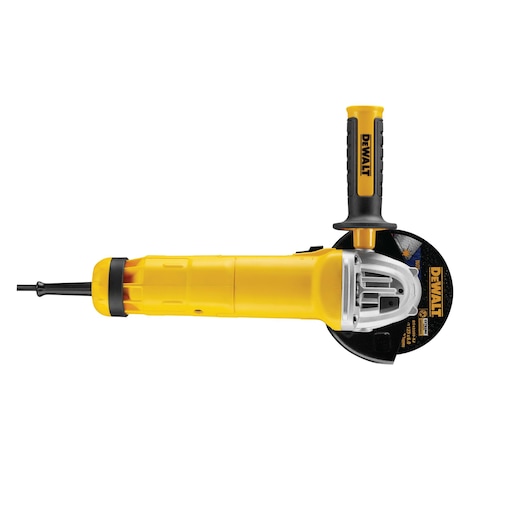 Yellow DEWALT angle grinder with side handle and power cord, model DWE4207K.