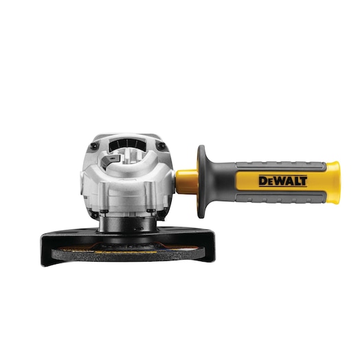 Front view of a DEWALT angle grinder with a yellow and black handle, placed against a white background.