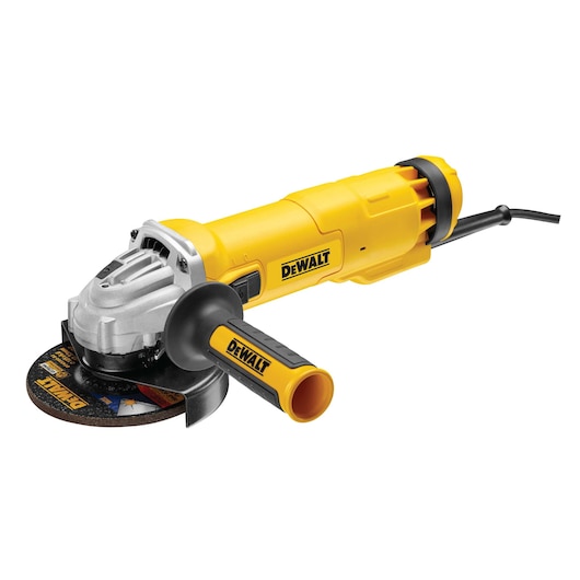 Yellow DEWALT angle grinder with power cord and side handle, designed for cutting and grinding tasks.