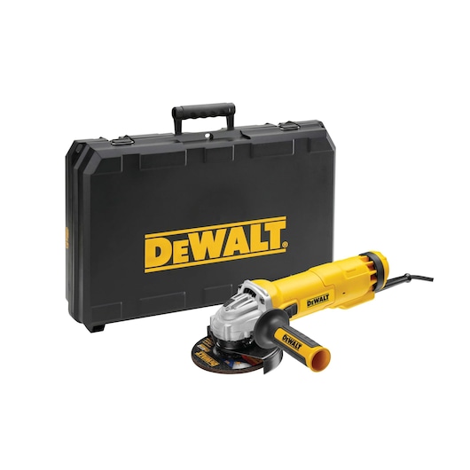 DEWALT angle grinder with yellow handle and black carrying case, displayed on a white background.