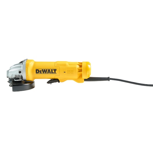Yellow DEWALT angle grinder with cord, viewed from side against white background.